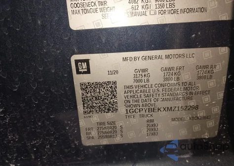 2021 Chevrolet Silverado 1500 4Wd Short Bed Custom z USA, uszkodzony, nr VIN 1GCPYBEKXMZ152298